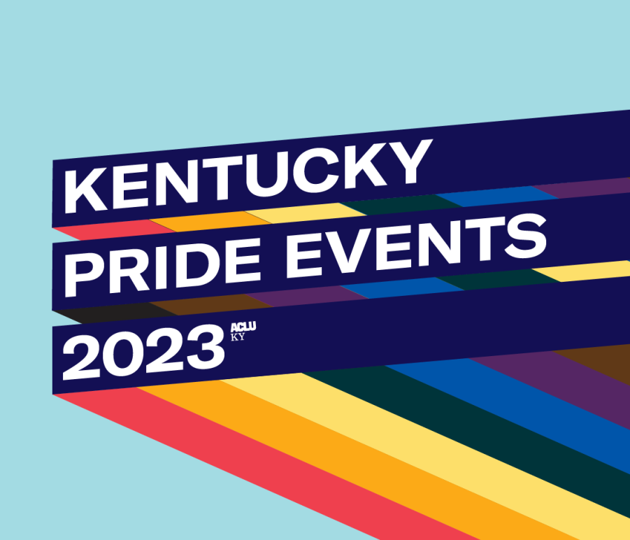 The words "Kentucky Pride Events 2023" are over a dark blue and rainbow colored banner over a light blue background.