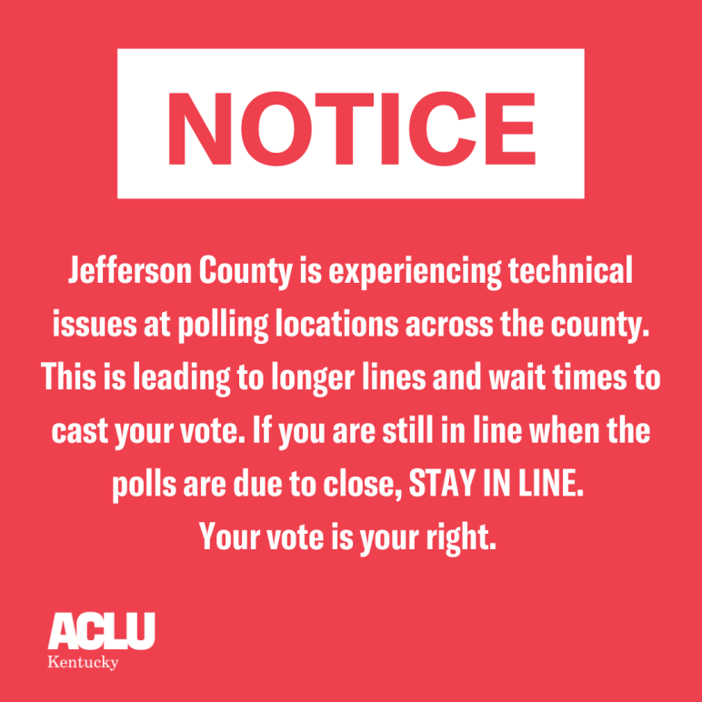 Jefferson County is experiencing technical issues at polling locations across the county. This is leading to longer lines and wait times to cast your vote. If you are still in line when the polls are due to close, STAY IN LINE.  Your vote is your right. 